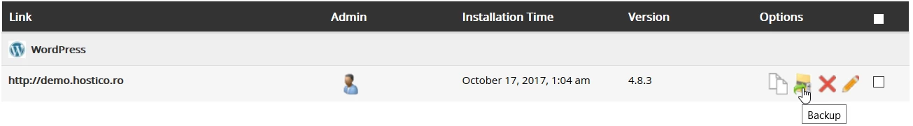 La sección de respaldo de la aplicación Softaculous