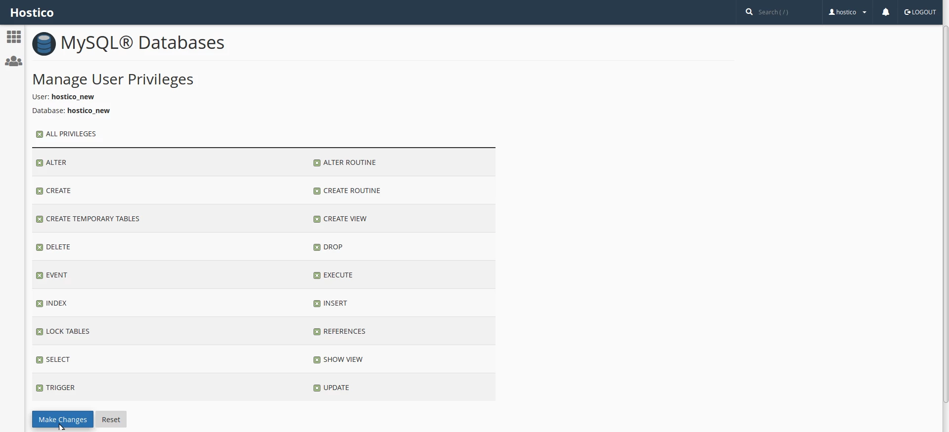 Privilegios de base de datos cPanel