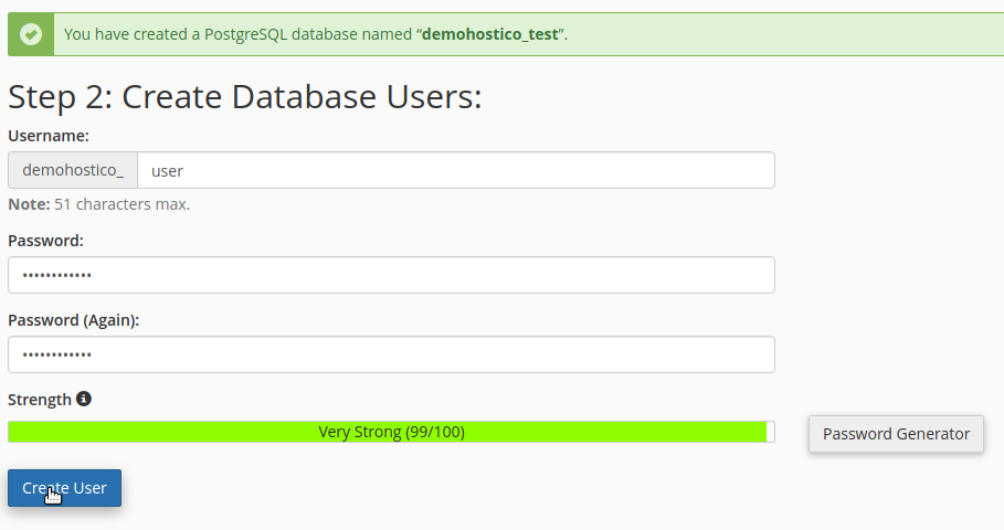 hostico posgreensql database password